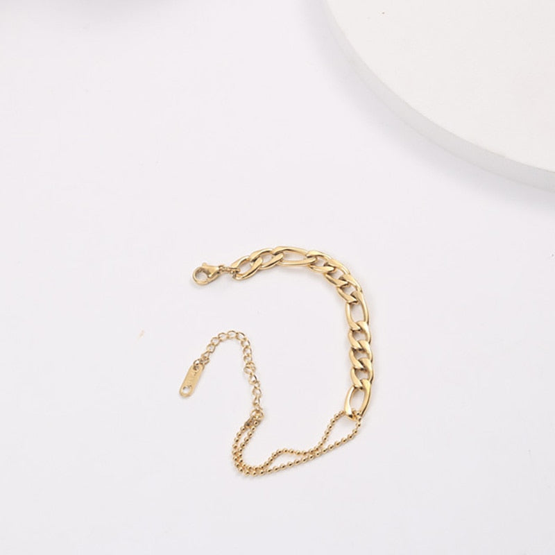 Waterproof Stainless Steel Figaro Chain&Cuban Chain Patchwork Bracelets for Women Ladies Street Style Gold Chain Bracelet