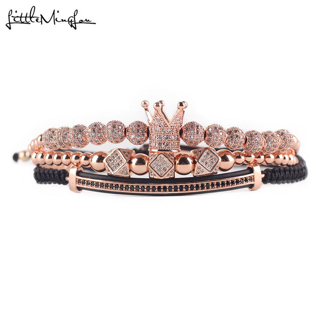 3pcs/set Luxury CZ polygon ball crown Charm copper bead Macrame handmade men Bracelets set bracelets & bangles for Men Jewelry