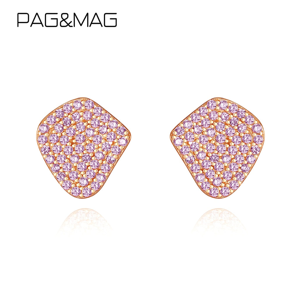 PAG&MAG Genuine 925 Sterling Silver Stud Earrings Luxury Pink Cubic Zircon Irregular Earings For Women Jewelry pendientes plata