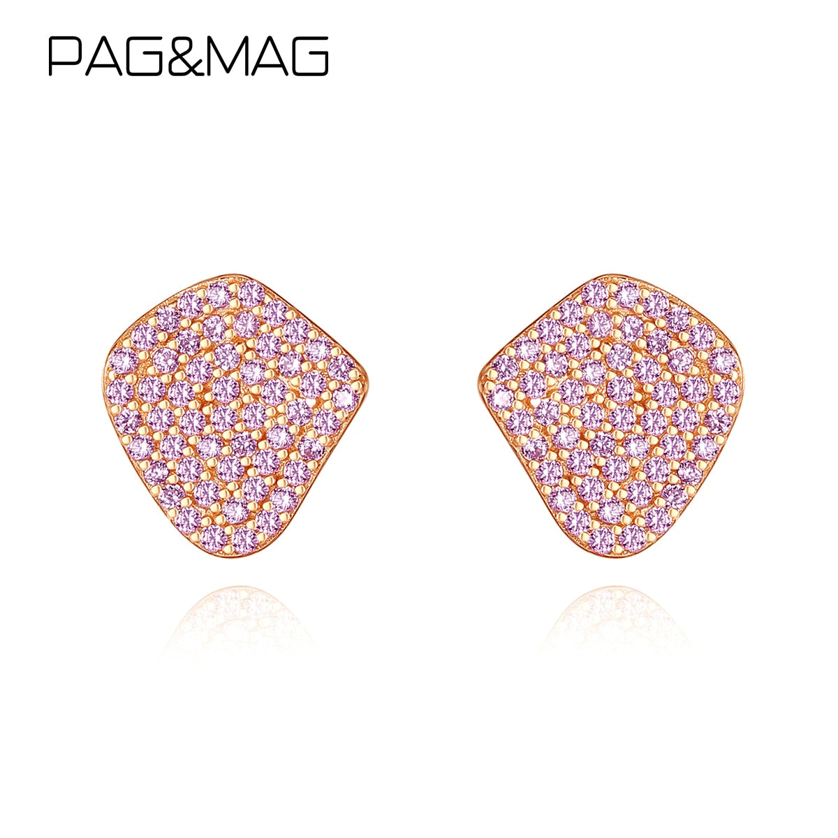 PAG&MAG Genuine 925 Sterling Silver Stud Earrings Luxury Pink Cubic Zircon Irregular Earings For Women Jewelry pendientes plata