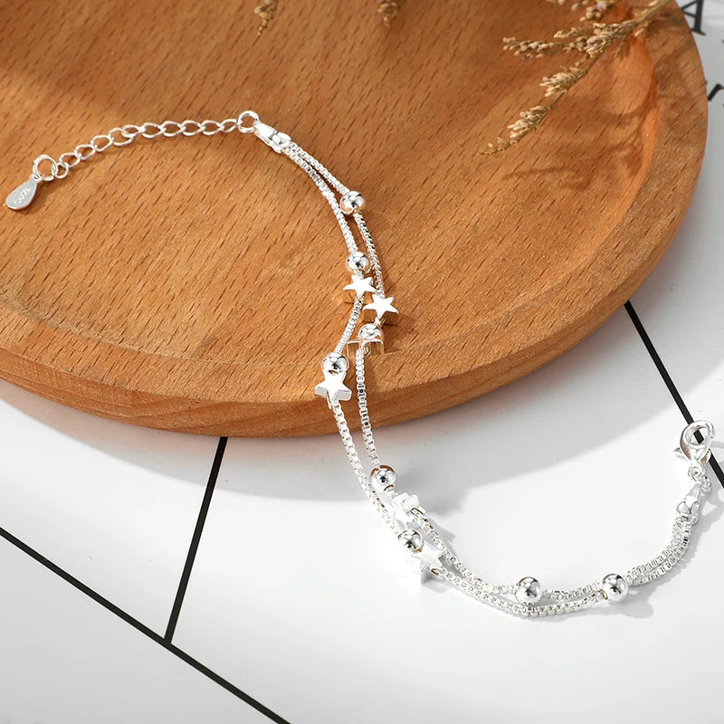 DAIWUJAN 925 Sterling Silver Double Layers Stars Beads Bracelets For Women Elegant Box Chain Charm Bracelet Birthday Party Gift
